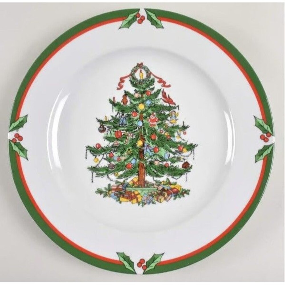 Candleglow & Holly Holiday China Dinner Plate Christmas Tree Holly Leaves 10.5"
